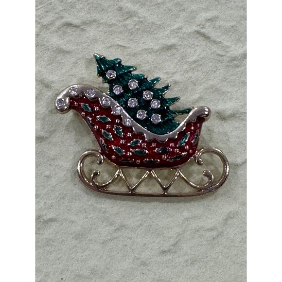 Vintagen Holiday Sleigh & Tree Christmas Pin Brooch ~ Excellent Condition CP23 - Picture 1 of 4